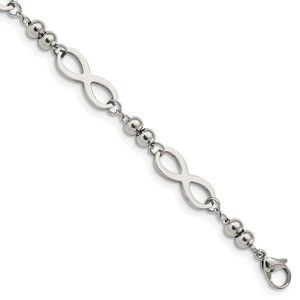 Steel Polished Infinity Symbol Link 4 Leaf Clover Charm 6.5" Bracelet w 1" Ext.
